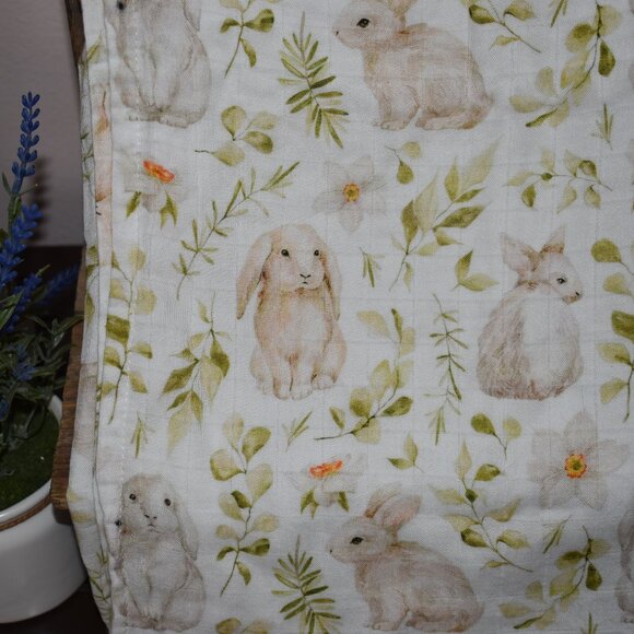 Spring Bunny Rabbit Flowers Leaves Nursery Swaddle Muslin Baby Blanket - Picture 10 of 12